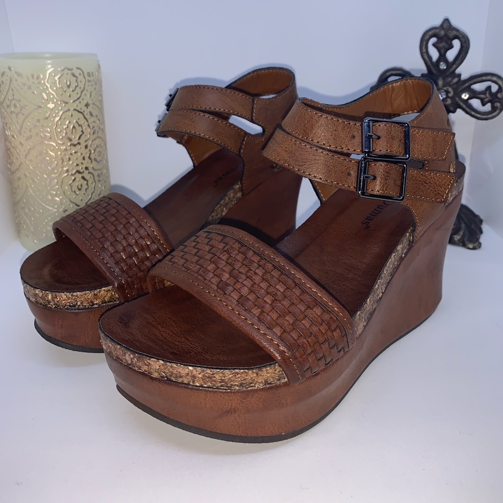 WHISKEY brown basket weave platform wedges New in box NIB 6.5 7.5 8 8.5 9